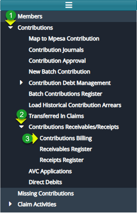Navigate to the contribution billing window