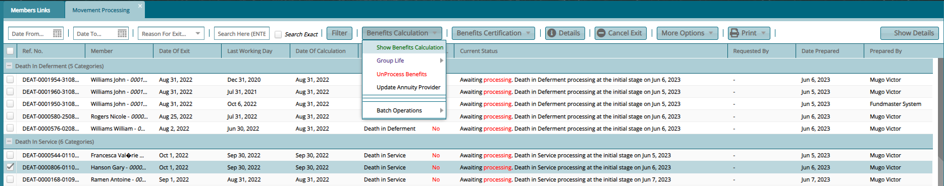 Show Benefit Calculation form