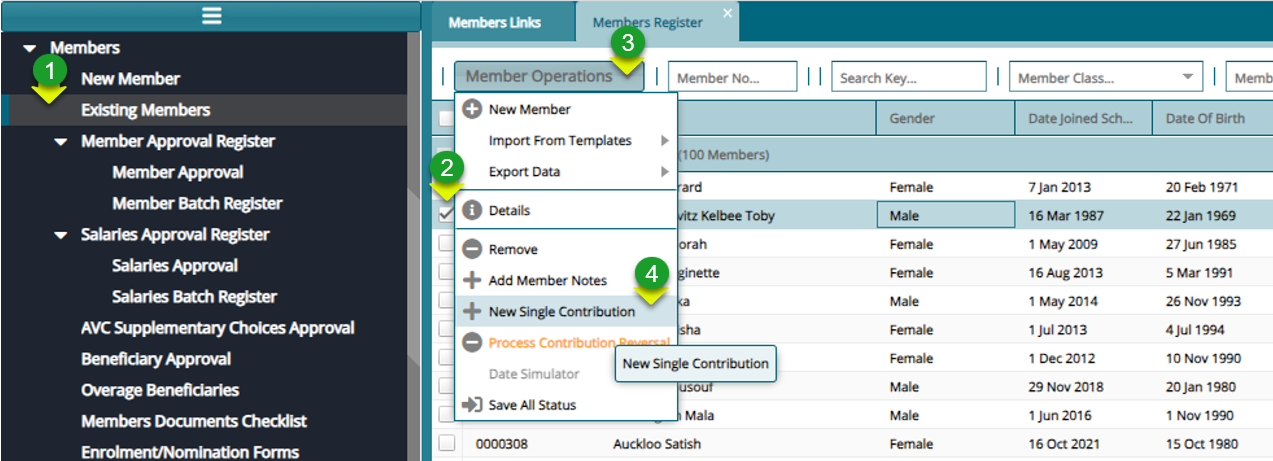 Navigate to the Members Single Contributions Form